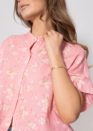 Kurzarm Musselin Bluse mit Blumenprint - rosa