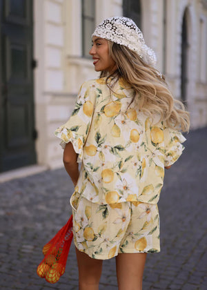 Kurzarm Musselin Bluse mit Lemon Print - gelb
