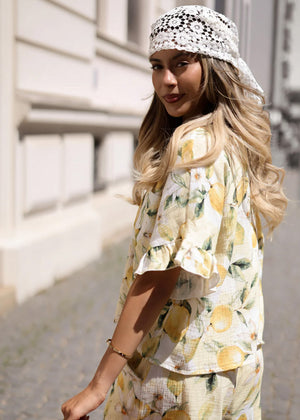 Kurzarm Musselin Bluse mit Lemon Print - gelb