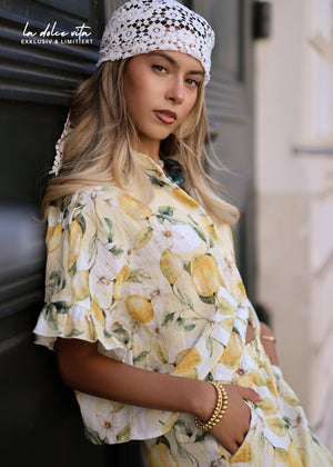 Kurzarm Musselin Bluse mit Lemon Print - gelb