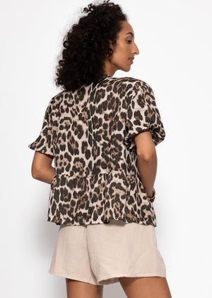 Kurzarm Musselin Bluse mit Leo-Print - braun