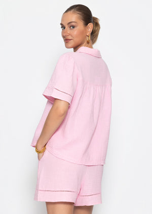 Kurzarm Musselin Bluse mit Spitzenborte - babyrosa