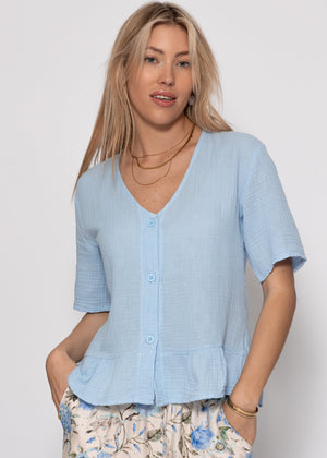 Kurzarm Musselin Bluse mit Volants - hellblau