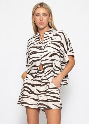 sassyclassy Kurzarm-Musselinbluse mit Zebra-Muster - beige-braun