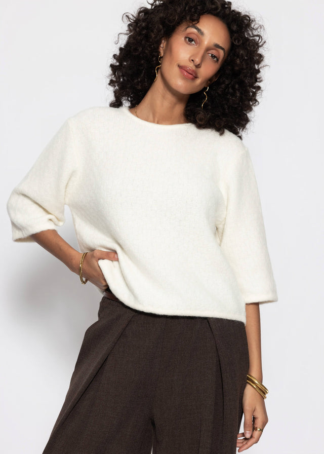 Short-sleeved jumper with textured pattern - off-white