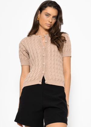 Short sleeve cardigan with cable knit pattern - beige