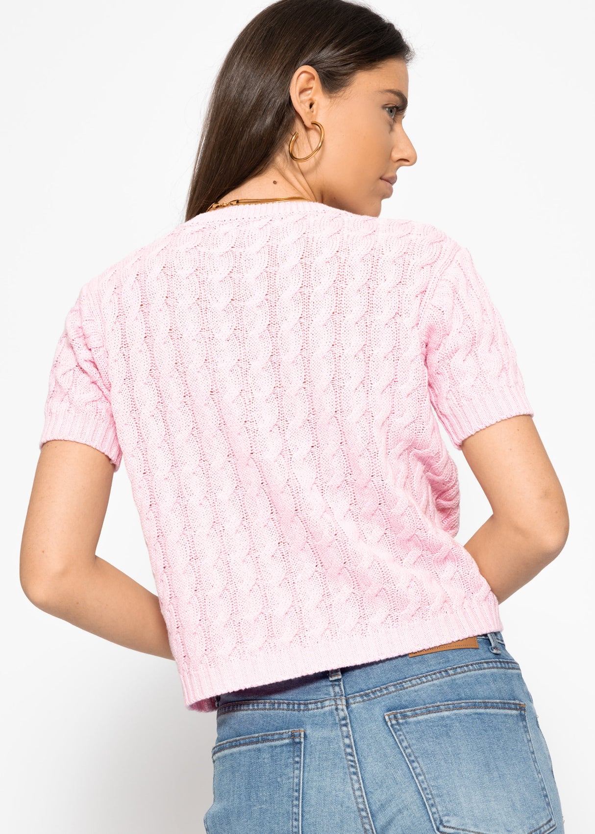 Short sleeve cardigan with cable knit pattern - pink