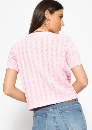 Short sleeve cardigan with cable knit pattern - pink