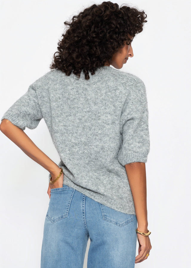 Kurzarm-Strickpullover mit V-Ausschnitt - hellgrau