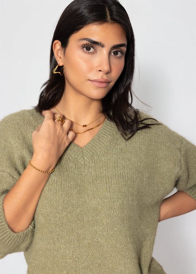 Kurzarm-Strickpullover mit V-Ausschnitt - khaki
