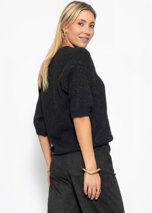 Kurzarm-Strickpullover mit V-Ausschnitt - schwarz