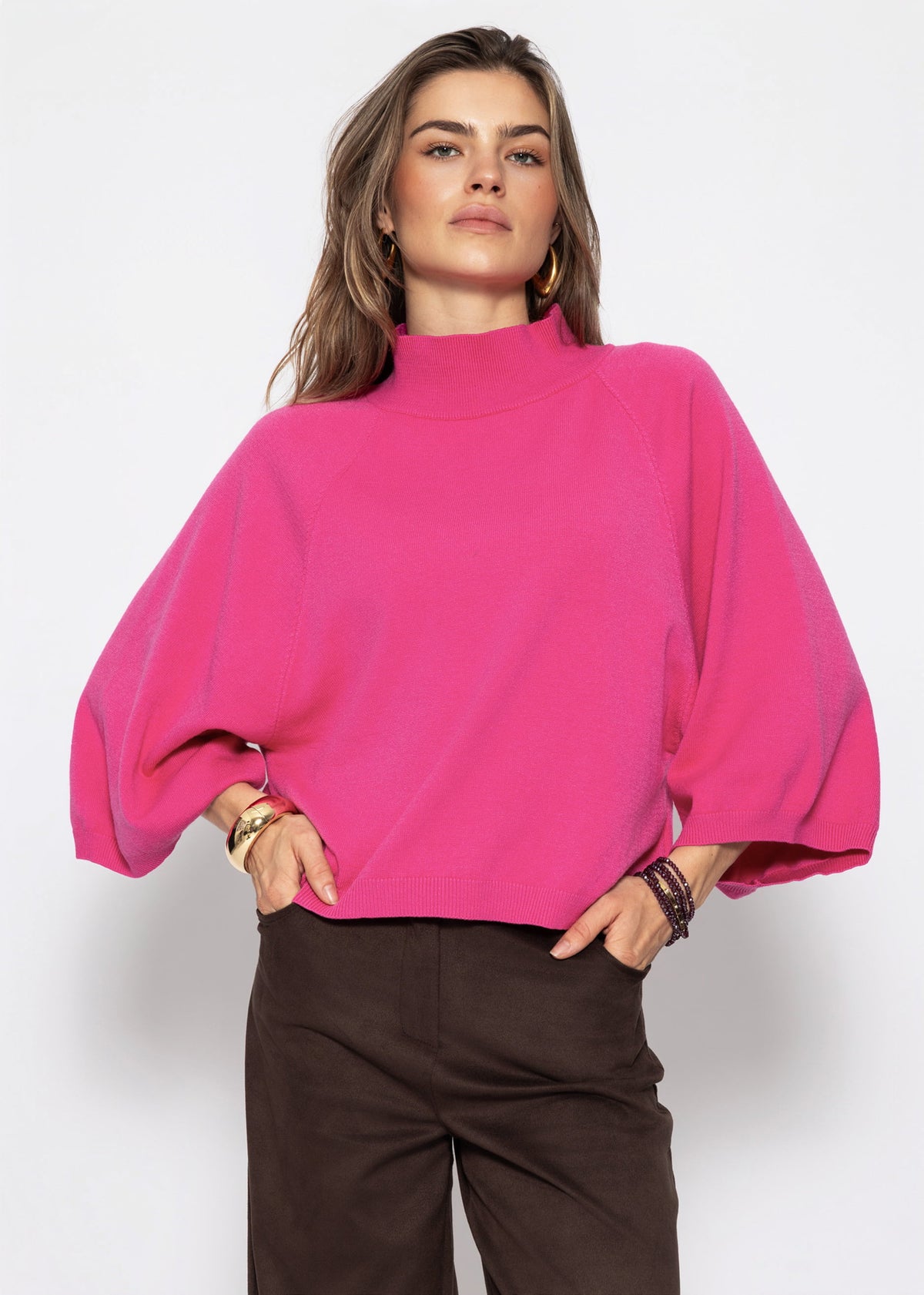 Kurzarm Strickpullover mit weiten Raglanärmeln - pink