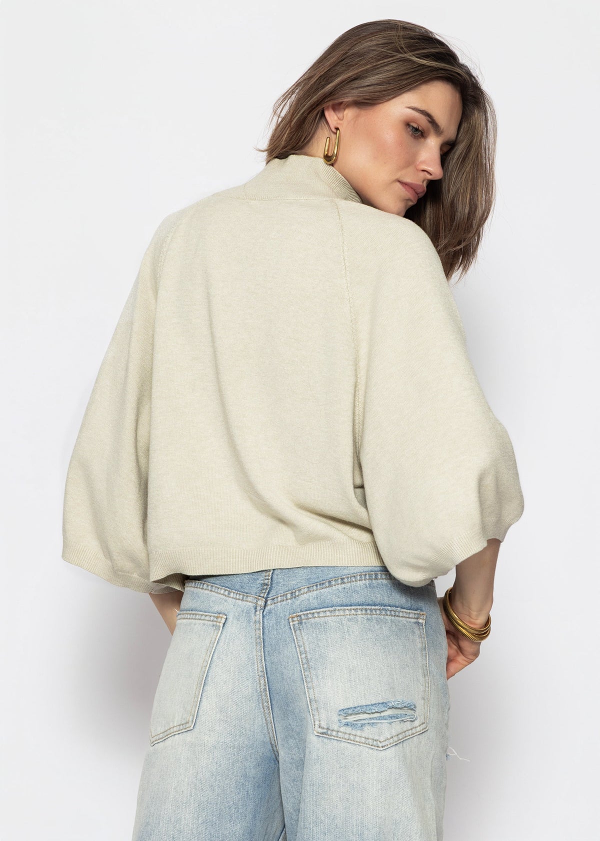 Kurzarm Strickpullover mit weiten Raglanärmeln - greige