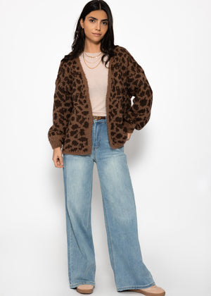 Kurzer Cardigan mit Leo-Print - camel-braun