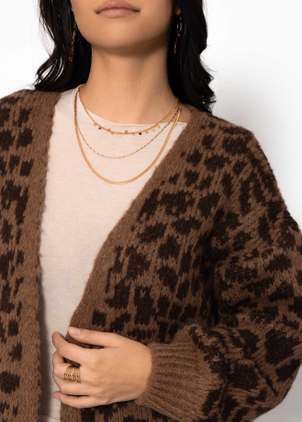 Kurzer Cardigan mit Leo-Print - camel-braun
