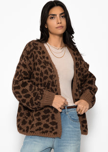 Kurzer Cardigan mit Leo-Print - camel-braun