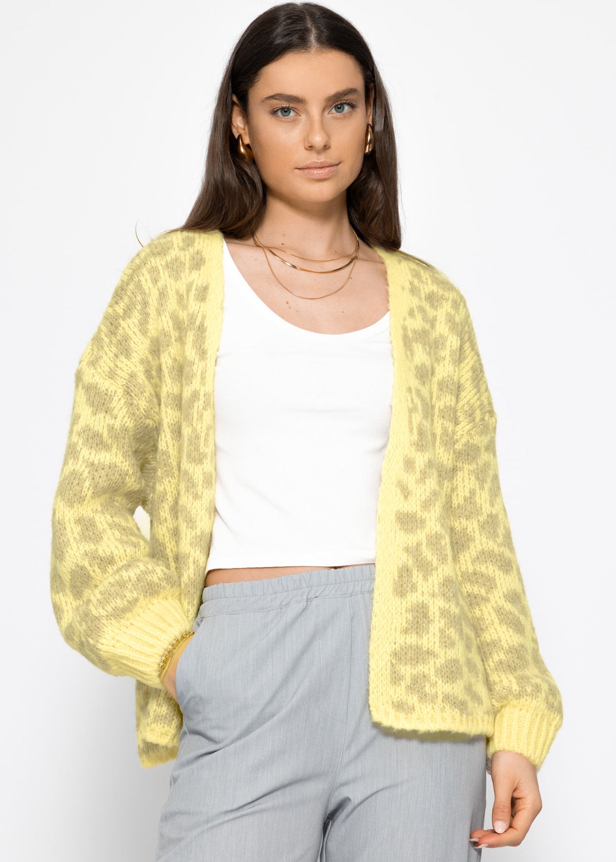 Short cardigan with leo print - yellow-beige
