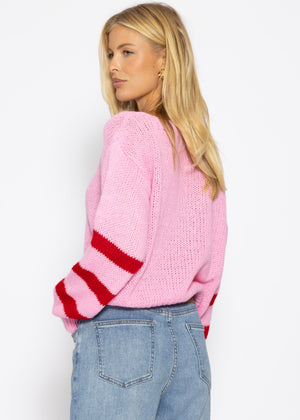 Kurzer Strickpullover mit gestreiften Ärmeln - rosa