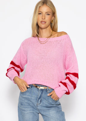 Kurzer Strickpullover mit gestreiften Ärmeln - rosa