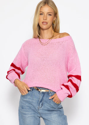 Kurzer Strickpullover mit gestreiften Ärmeln - rosa
