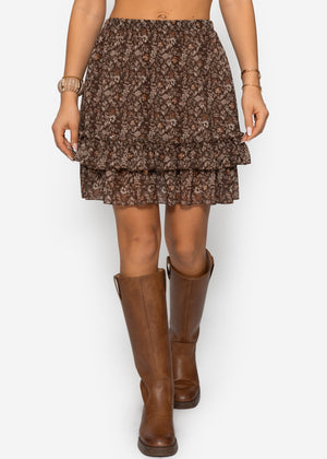Short flounce skirt with floral print - brown