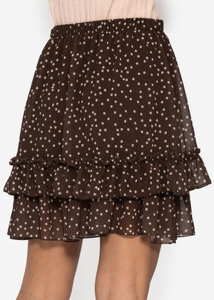 Short flounce skirt with dots - brown