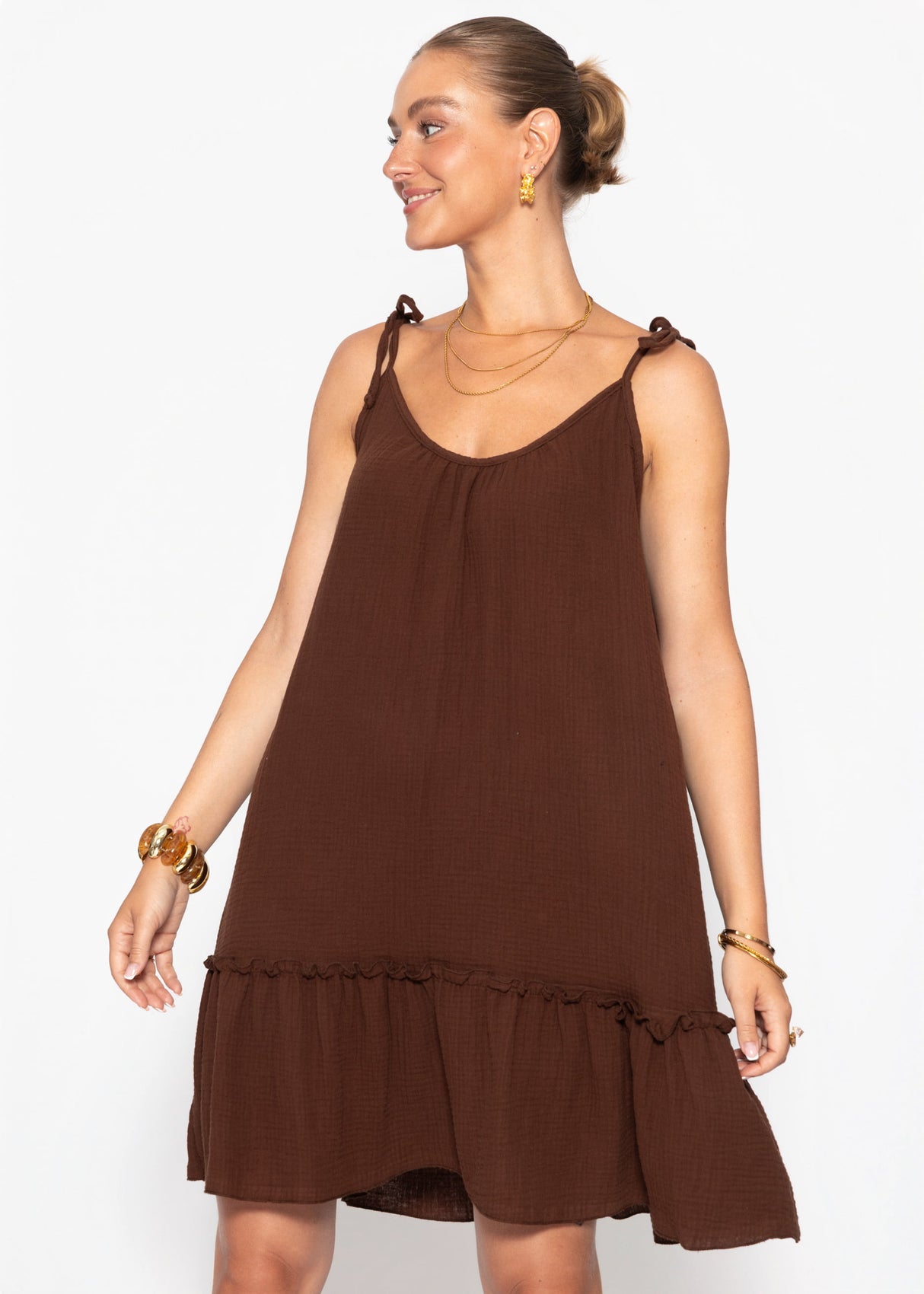 Kurzes Musselin Strandkleid - braun