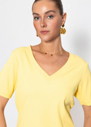 Lässiges Ripp T-Shirt mit V-Ausschnitt - buttergelb