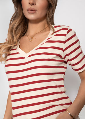 Lässiges Ripp T-Shirt mit V-Ausschnitt - rot-weiß