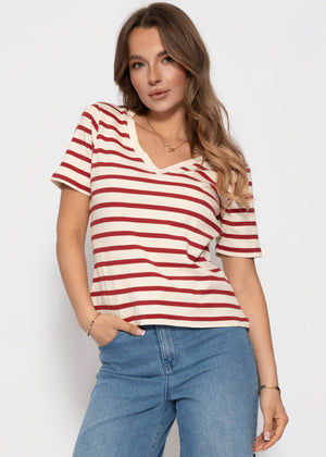Lässiges Ripp T-Shirt mit V-Ausschnitt - rot-weiß