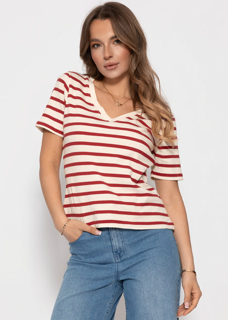 Lässiges Ripp T-Shirt mit V-Ausschnitt - rot-weiß by SASSYCLASSY