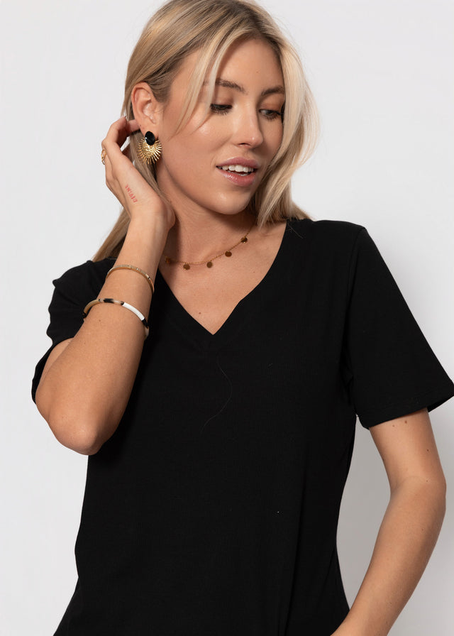 Relaxed ribbed T-shirt with V-neck - black