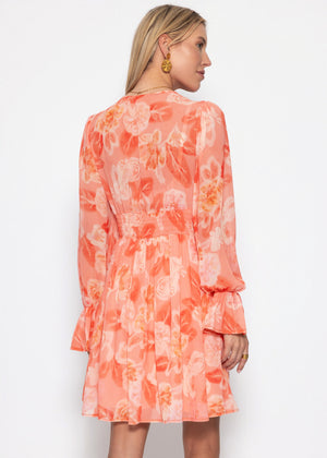 Langarm-Chiffonkleid mit Blumenprint - koralle