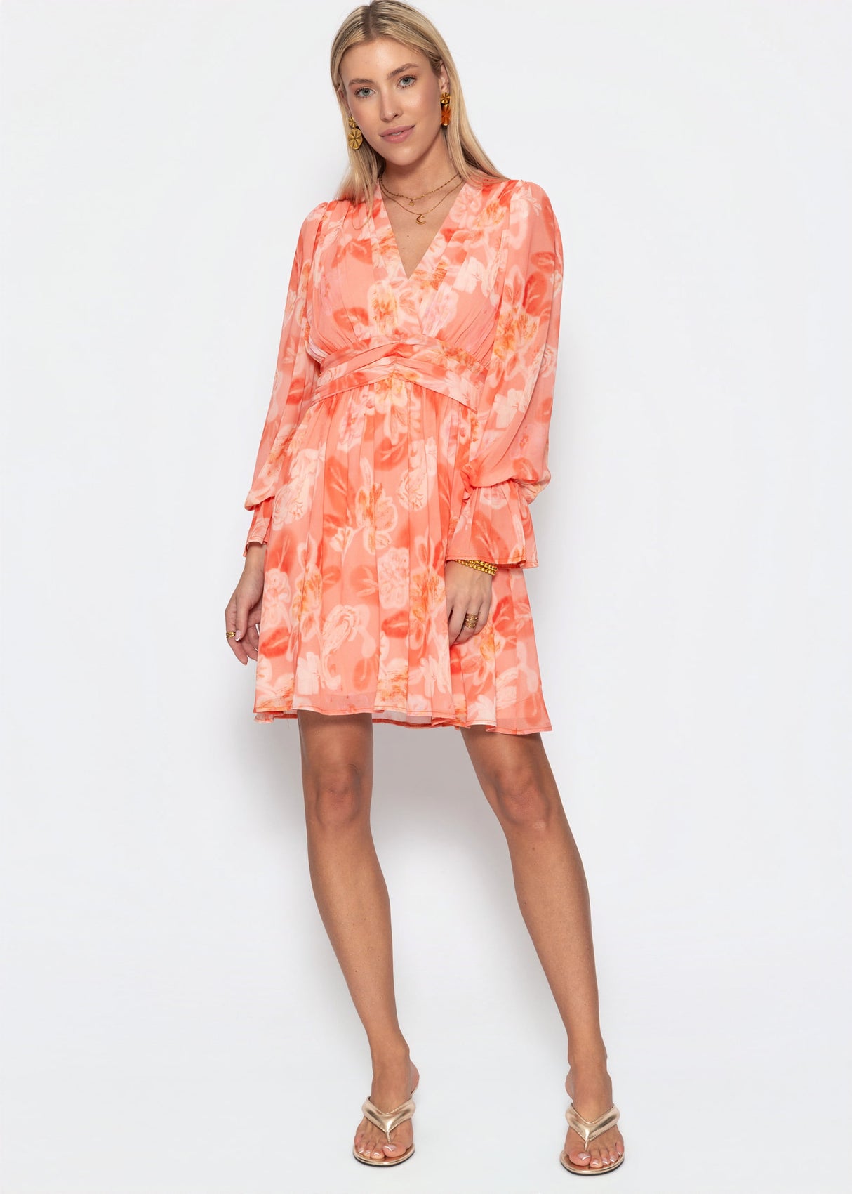 Langarm-Chiffonkleid mit Blumenprint - koralle