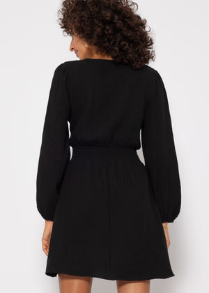 Musselin Kleid mit V-Ausschnitt - schwarz