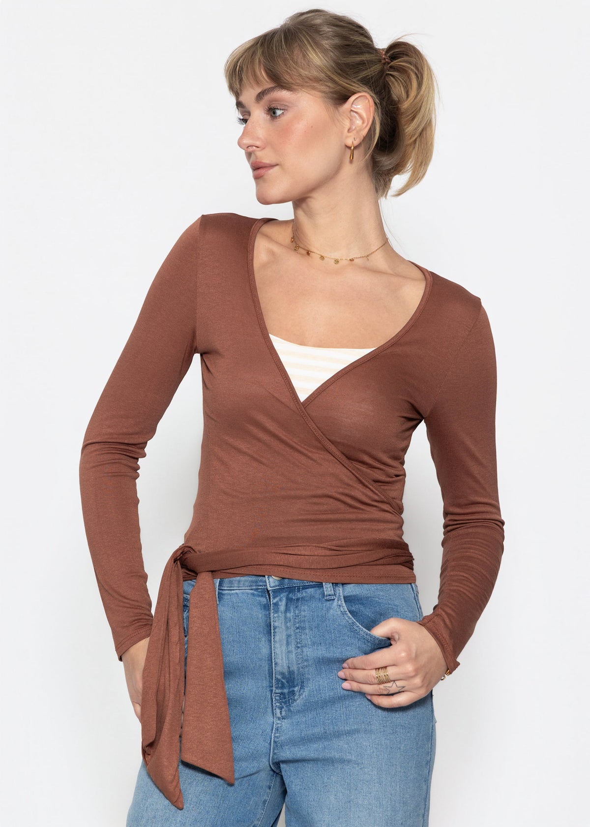 Langarm Shirt zum Wickeln - braun
