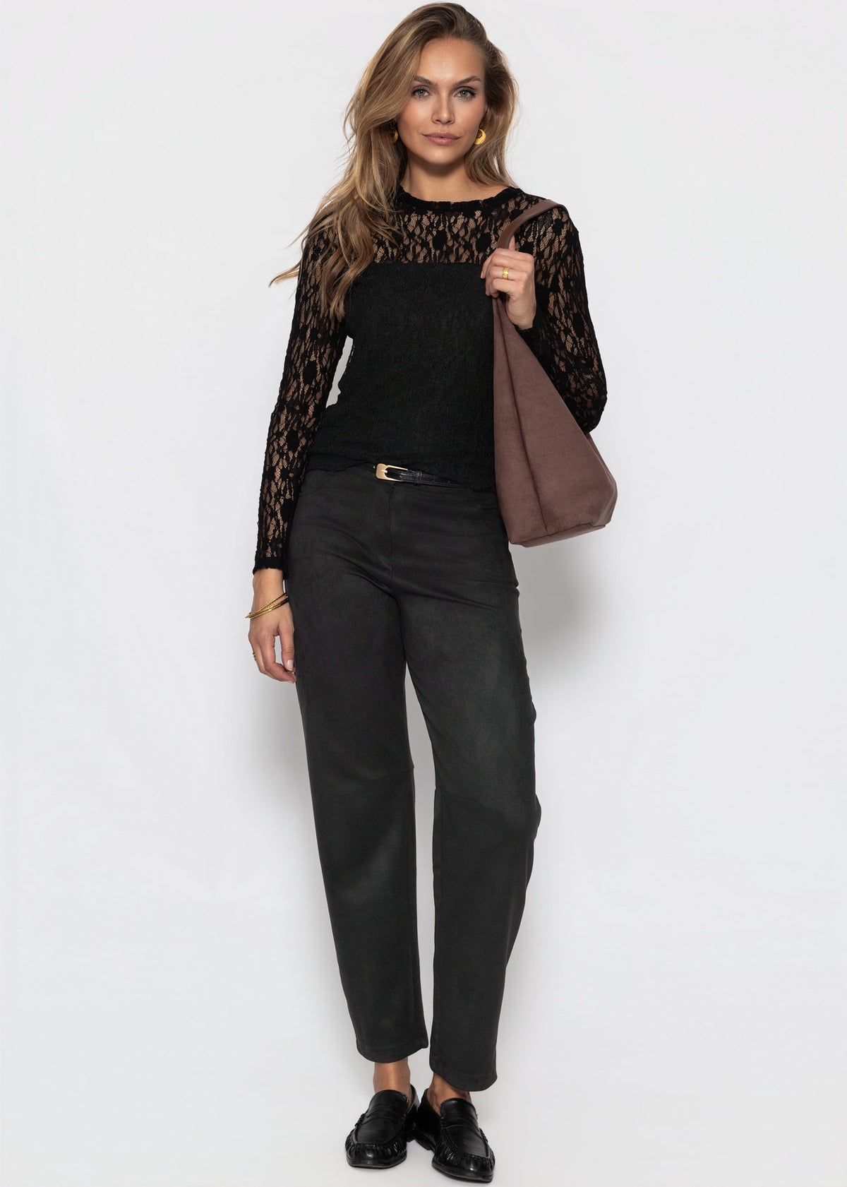 Langarm-Spitzenshirt mit integriertem Top-Bereich - schwarz