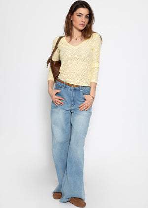 Long-sleeved lace top with V-neck - butter yellow