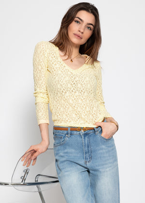 Long-sleeved lace top with V-neck - butter yellow
