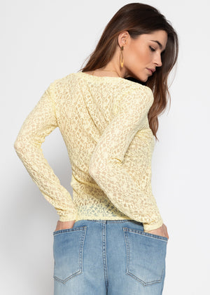 Long-sleeved lace top with V-neck - butter yellow