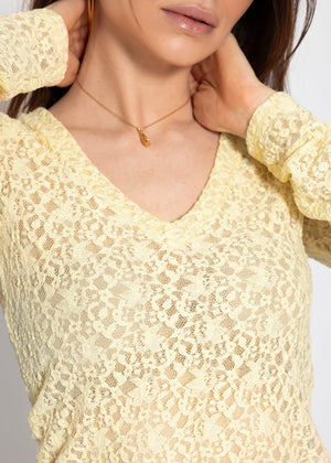 Long-sleeved lace top with V-neck - butter yellow