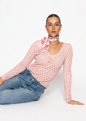 Langarm Spitzenshirt mit V-Ausschnitt - rosa