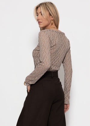 Langarm Spitzenshirt mit V-Ausschnitt - taupe