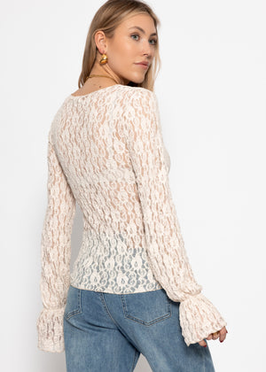 Langarm Spitzenshirt mit Volantärmeln - creme