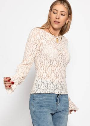 Langarm Spitzenshirt mit Volantärmeln - creme