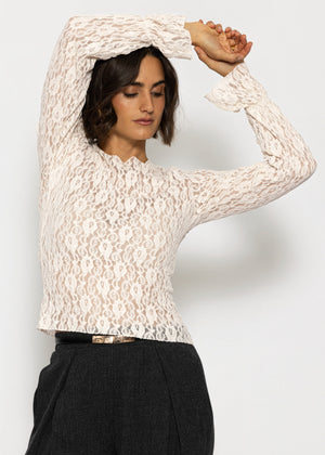 Langarm Spitzenshirt mit Volantärmeln - creme