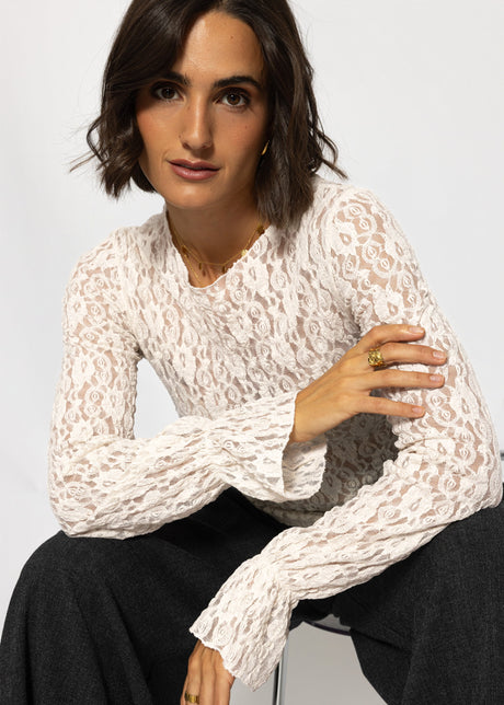 Langarm Spitzenshirt mit Volantärmeln - creme