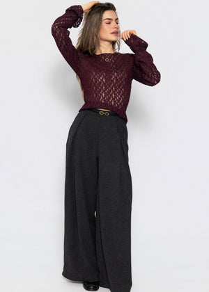 Langarm Spitzenshirt mit Volantärmeln - plum