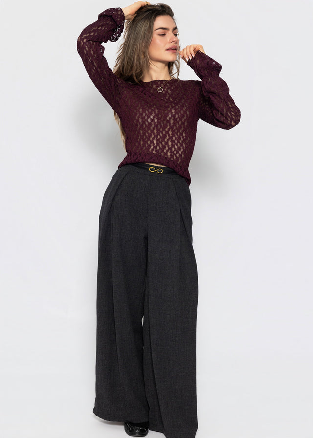 Langarm Spitzenshirt mit Volantärmeln - plum