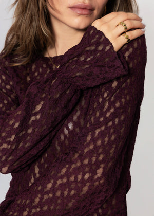 Langarm Spitzenshirt mit Volantärmeln - plum